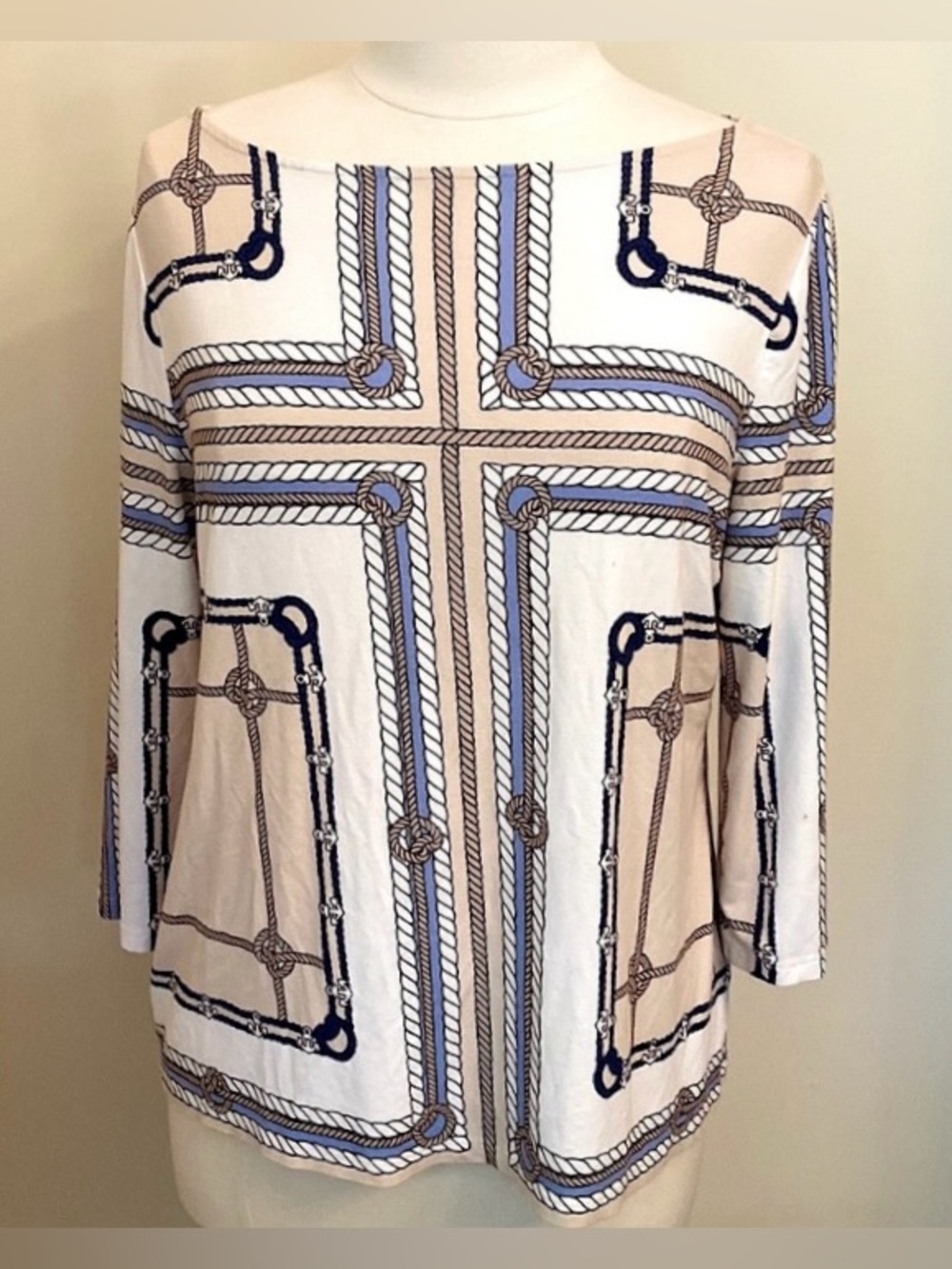Talbots Petite Cream Taupe Blue Nautical Rope XLP Yacht Rock Coastal Chic Top